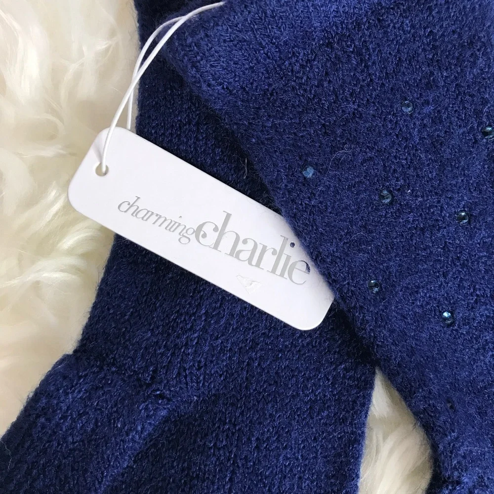 NWT Embellished Navy Blue Knit Gloves One size 1 Pair NEW WITH TAGS